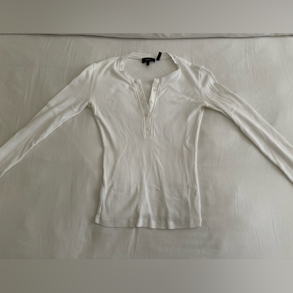 Theory White Long Sleeve Henley Ribbed T-Shirt